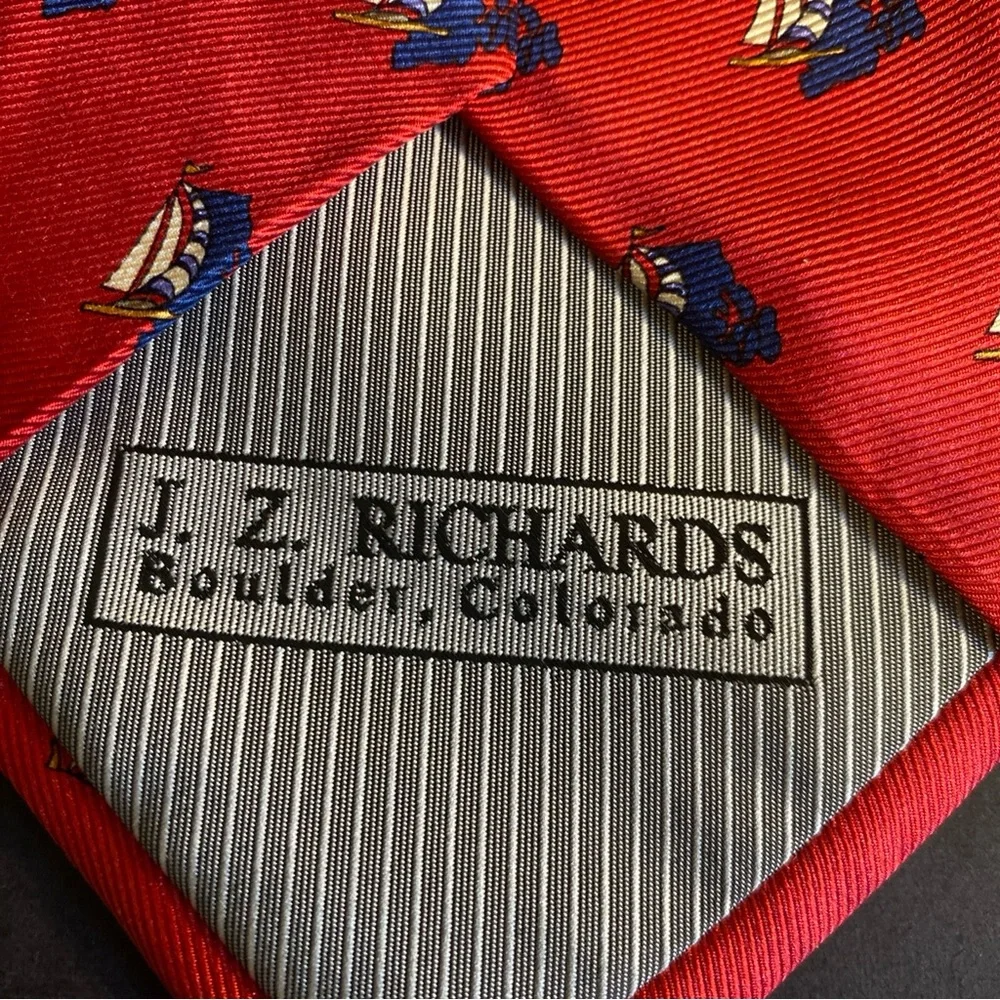 Nwt J.Z. Richards 100% Silk Sail Boat‎ All Over Print Stain Resistance NOS Red